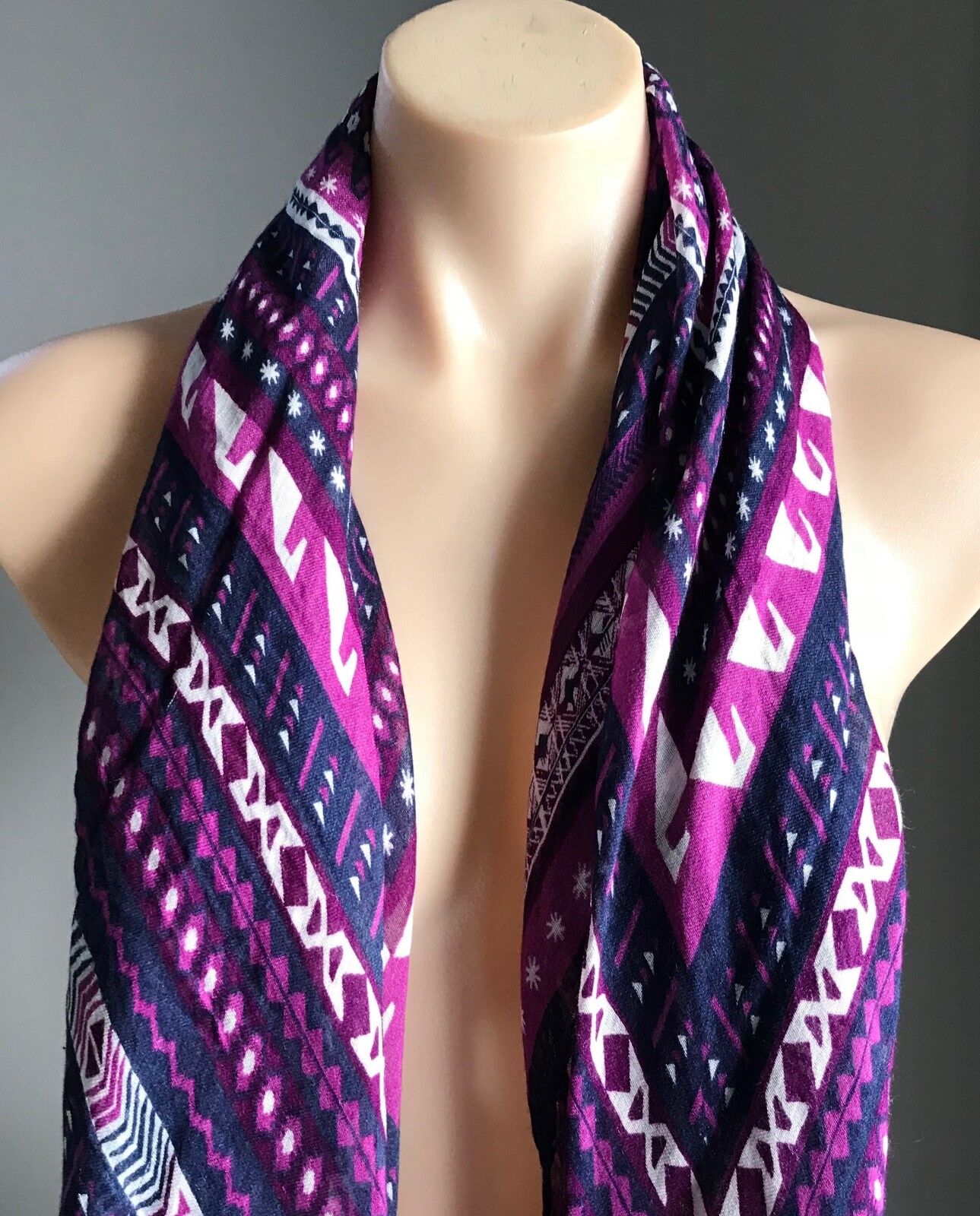 Square Neck SCARF Multi Print fringed Light Wrap Shawl Pink Navy off white boho