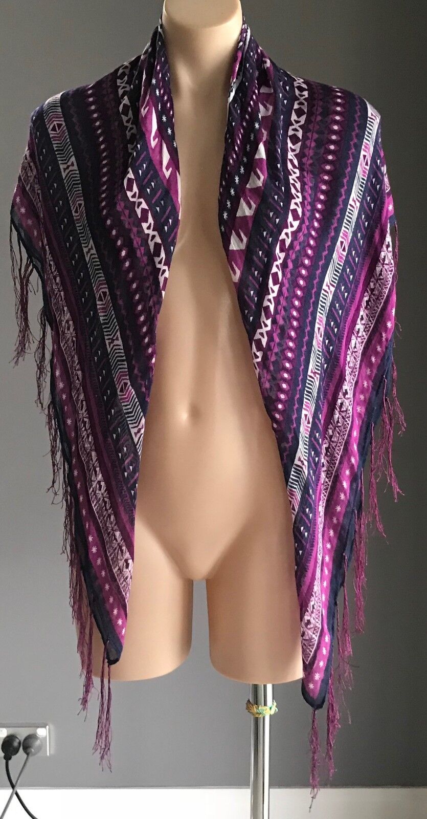Square Neck SCARF Multi Print fringed Light Wrap Shawl Pink Navy off white boho