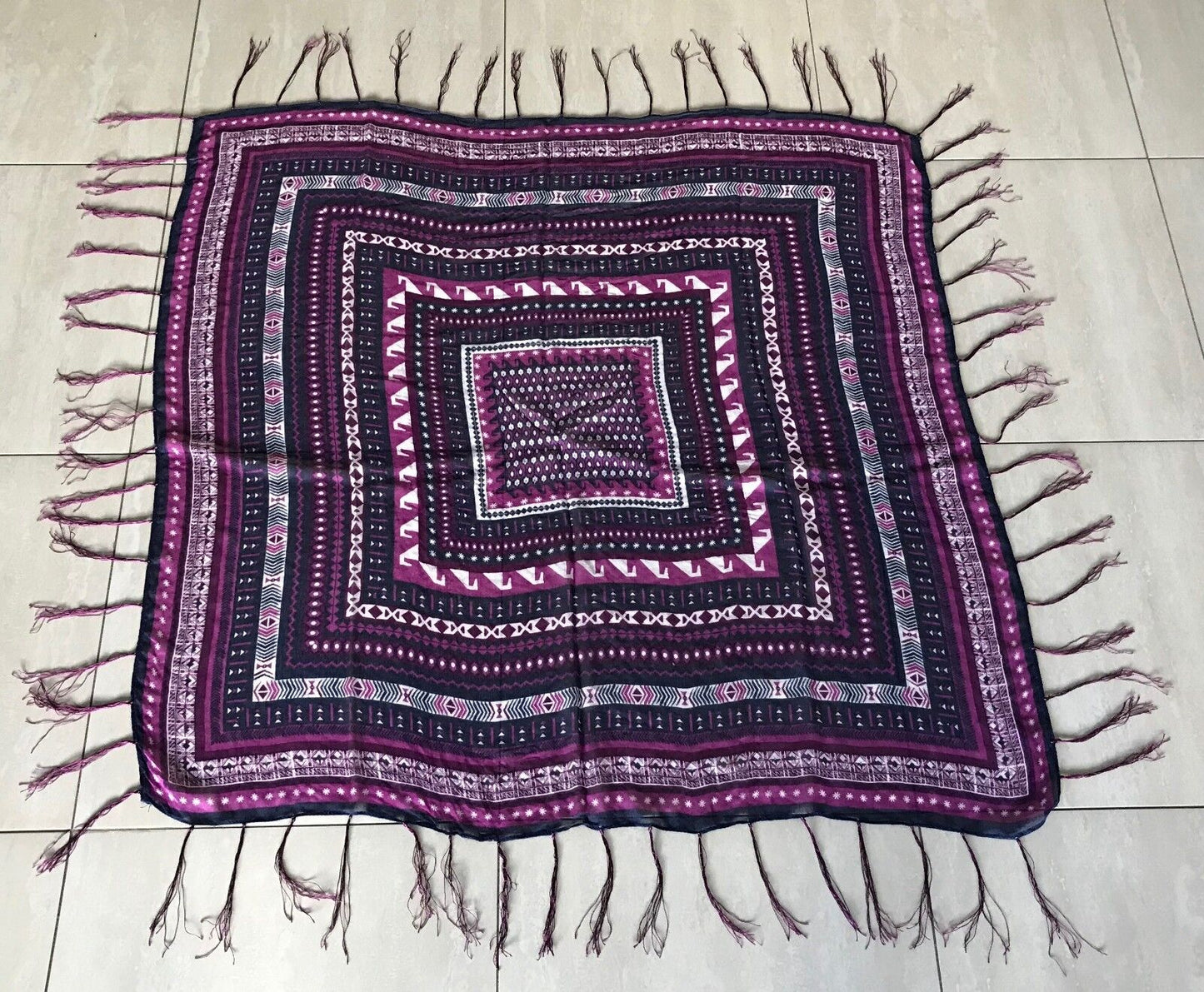Square Neck SCARF Multi Print fringed Light Wrap Shawl Pink Navy off white boho