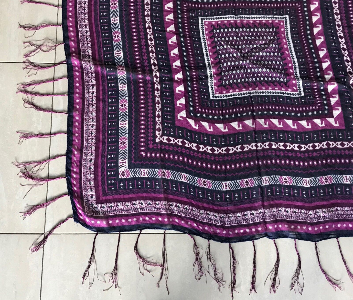 Square Neck SCARF Multi Print fringed Light Wrap Shawl Pink Navy off white boho