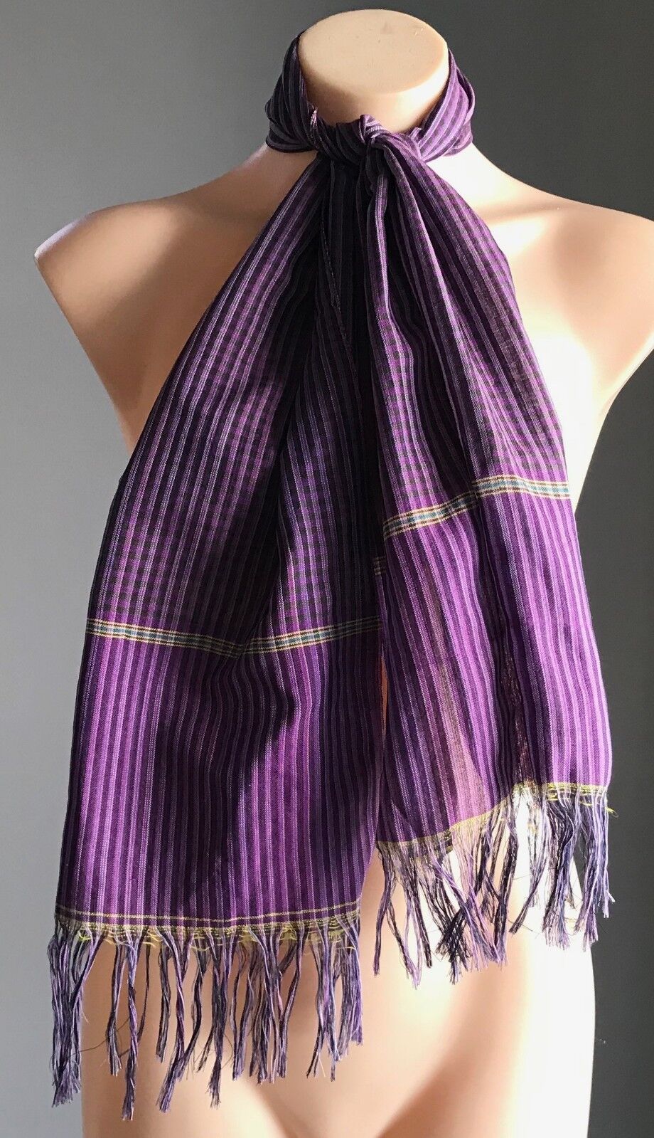 Fringed COTTON NECK SCARF Purple Black Yellow Blue Plaid Stripe Rectangle NEW