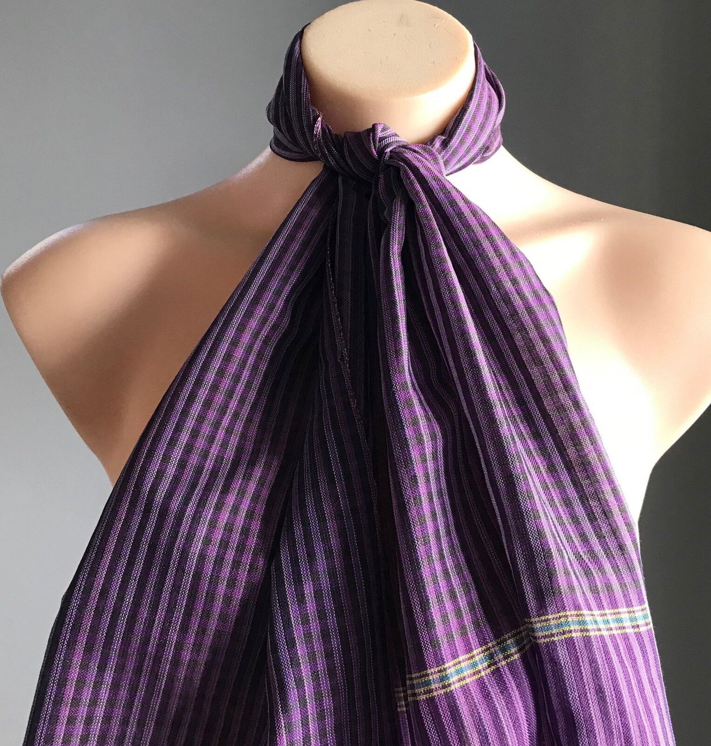 Fringed COTTON NECK SCARF Purple Black Yellow Blue Plaid Stripe Rectangle NEW