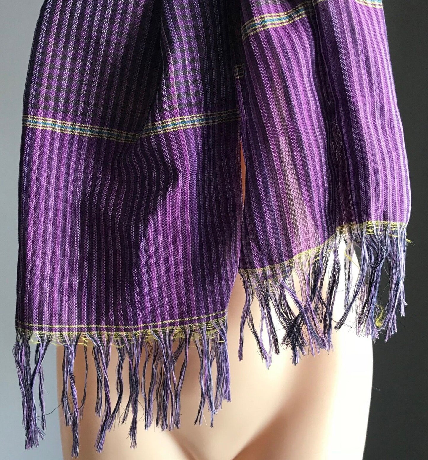 Fringed COTTON NECK SCARF Purple Black Yellow Blue Plaid Stripe Rectangle NEW