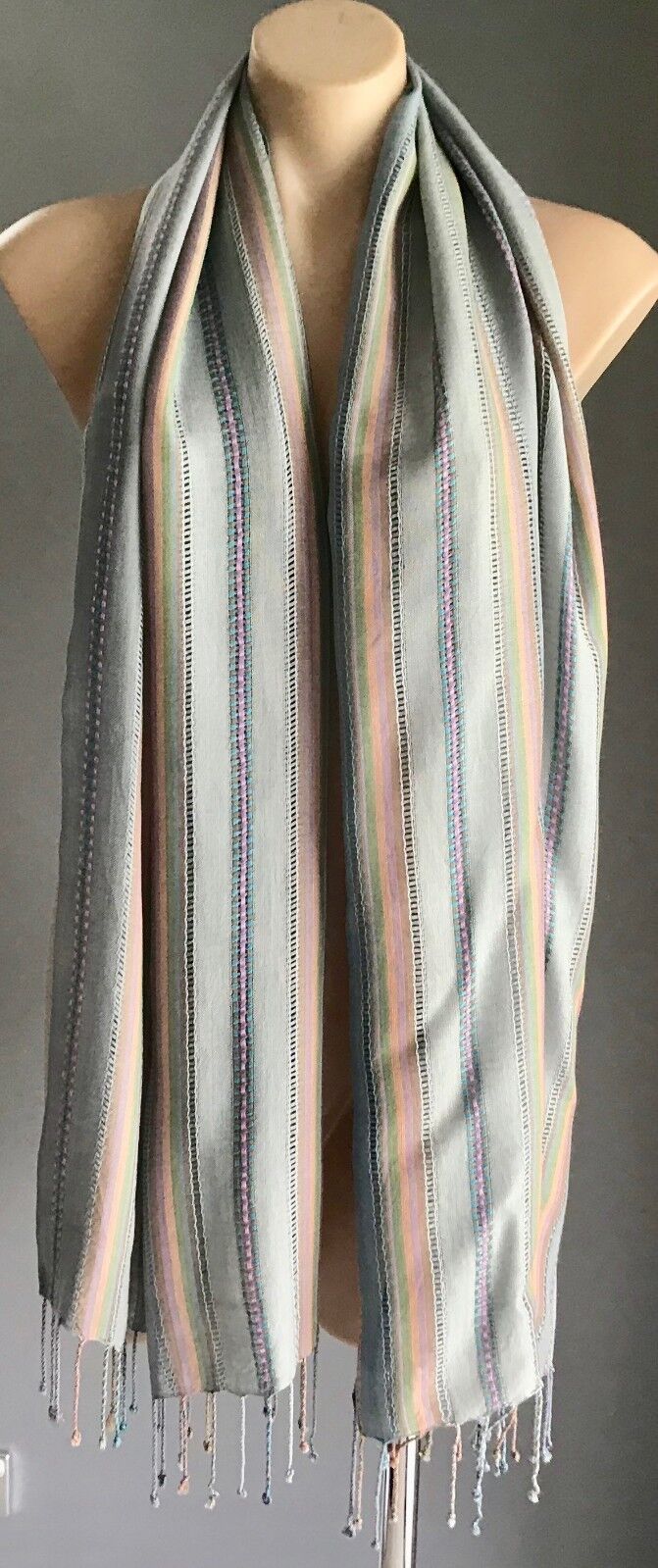 Boho Fringed LONG NECK WRAP SCARF Blue Lilac Yellow Orange Stripe Shawl