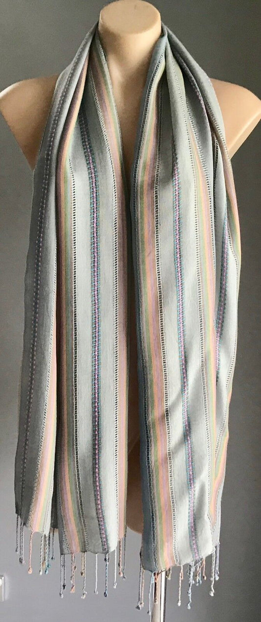 Boho Fringed LONG NECK WRAP SCARF Blue Lilac Yellow Orange Stripe Shawl