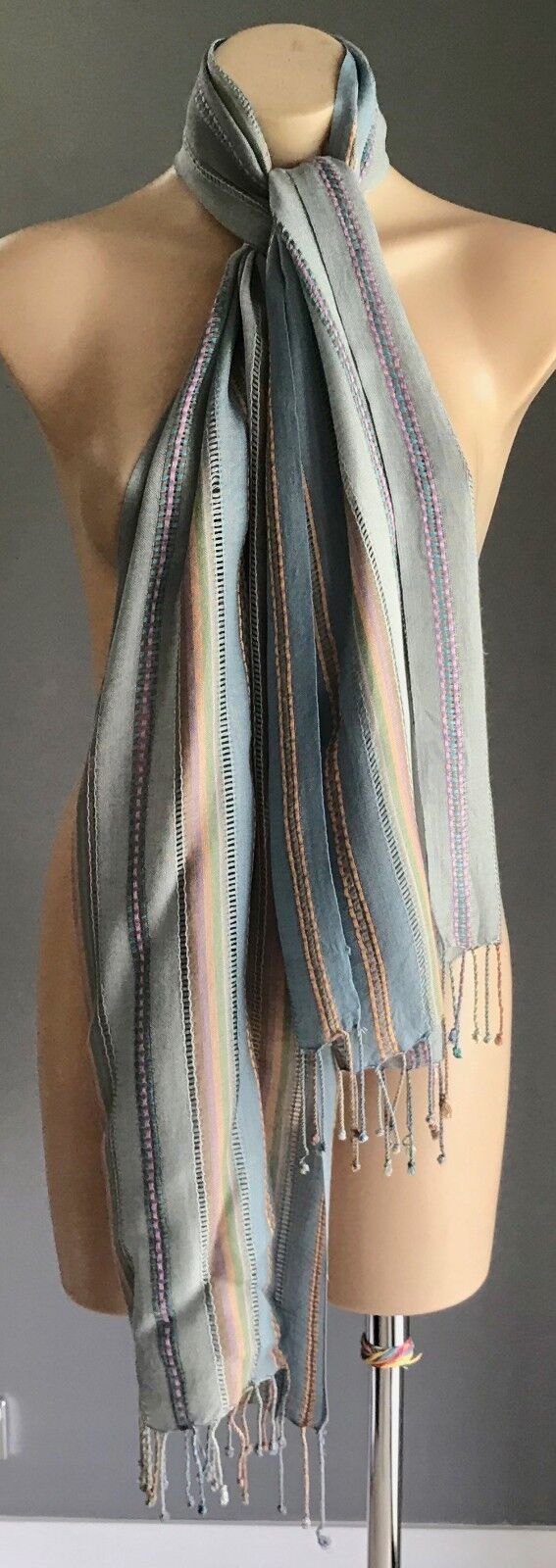 Boho Fringed LONG NECK WRAP SCARF Blue Lilac Yellow Orange Stripe Shawl