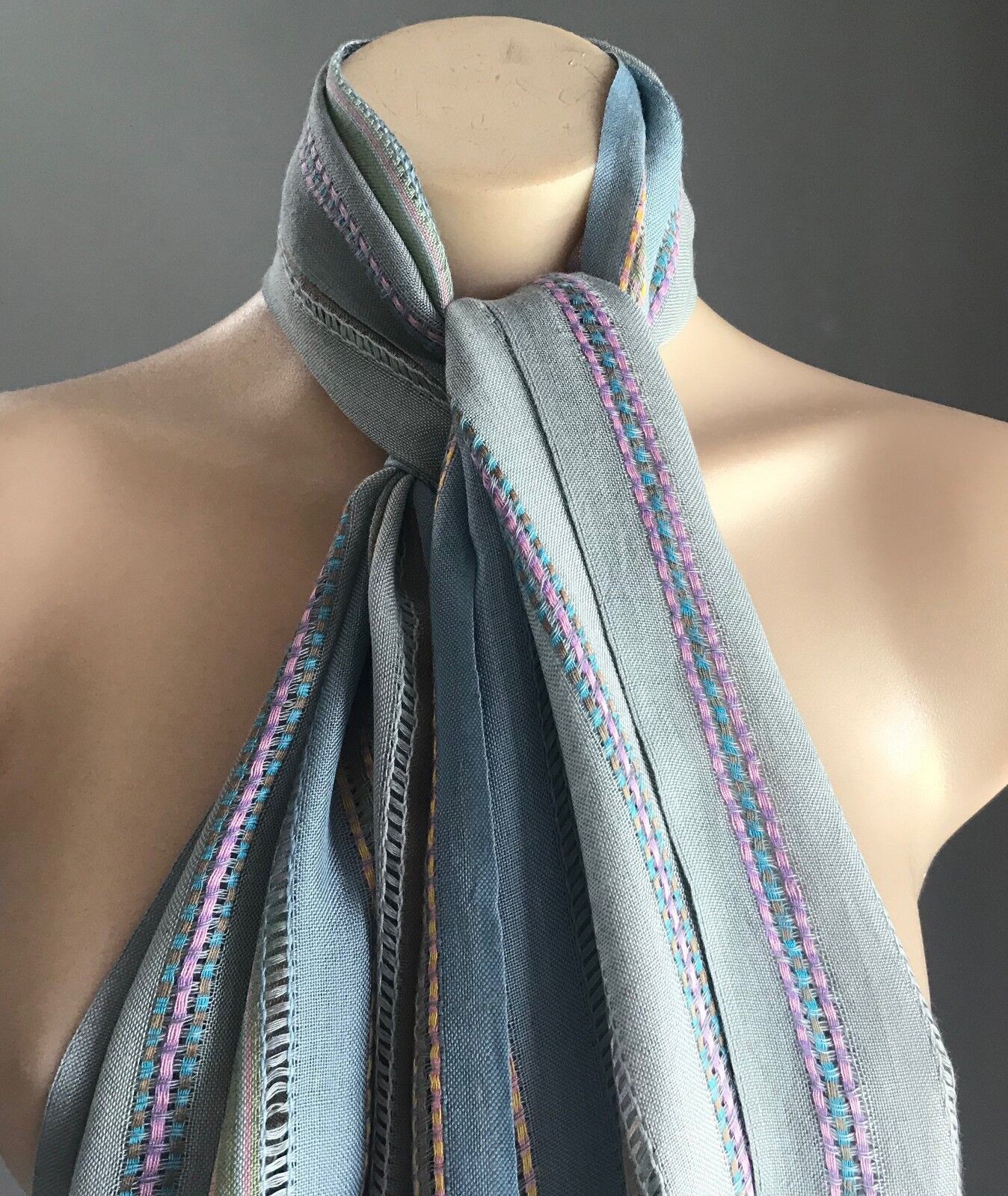 Boho Fringed LONG NECK WRAP SCARF Blue Lilac Yellow Orange Stripe Shawl