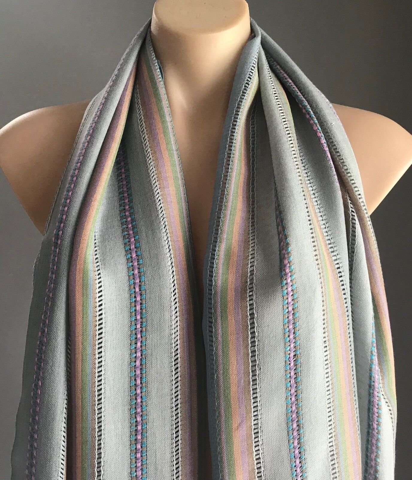 Boho Fringed LONG NECK WRAP SCARF Blue Lilac Yellow Orange Stripe Shawl