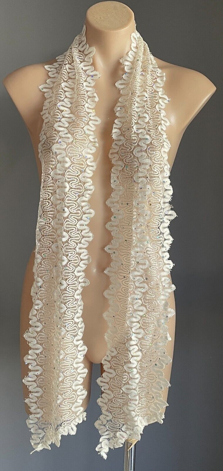 Thin Scarf w Silver Sequin Trim Antique White Lace Scallop Edge Stunning NEW