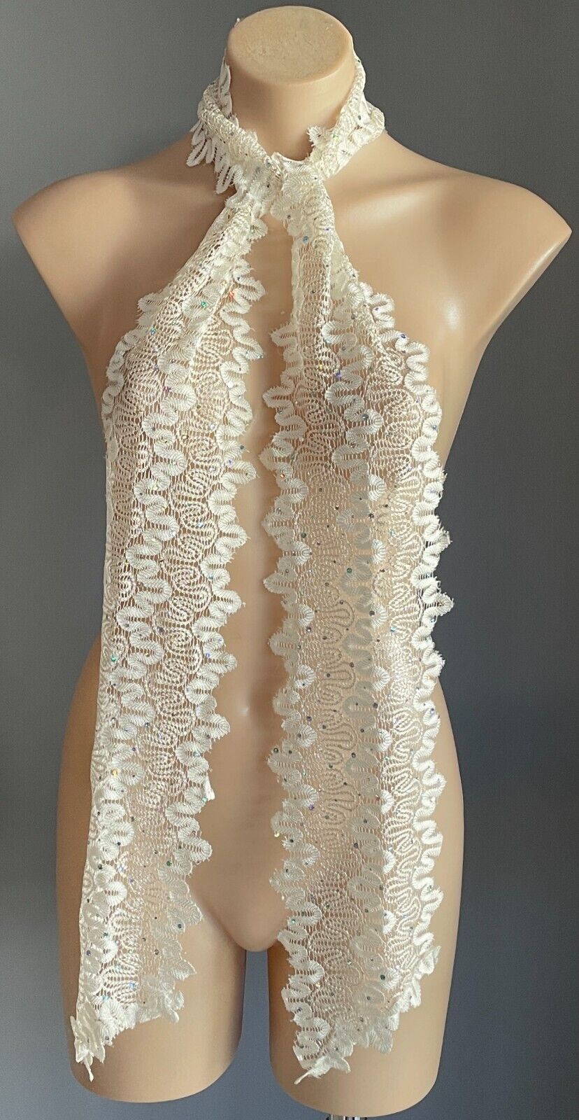 Thin Scarf w Silver Sequin Trim Antique White Lace Scallop Edge Stunning NEW