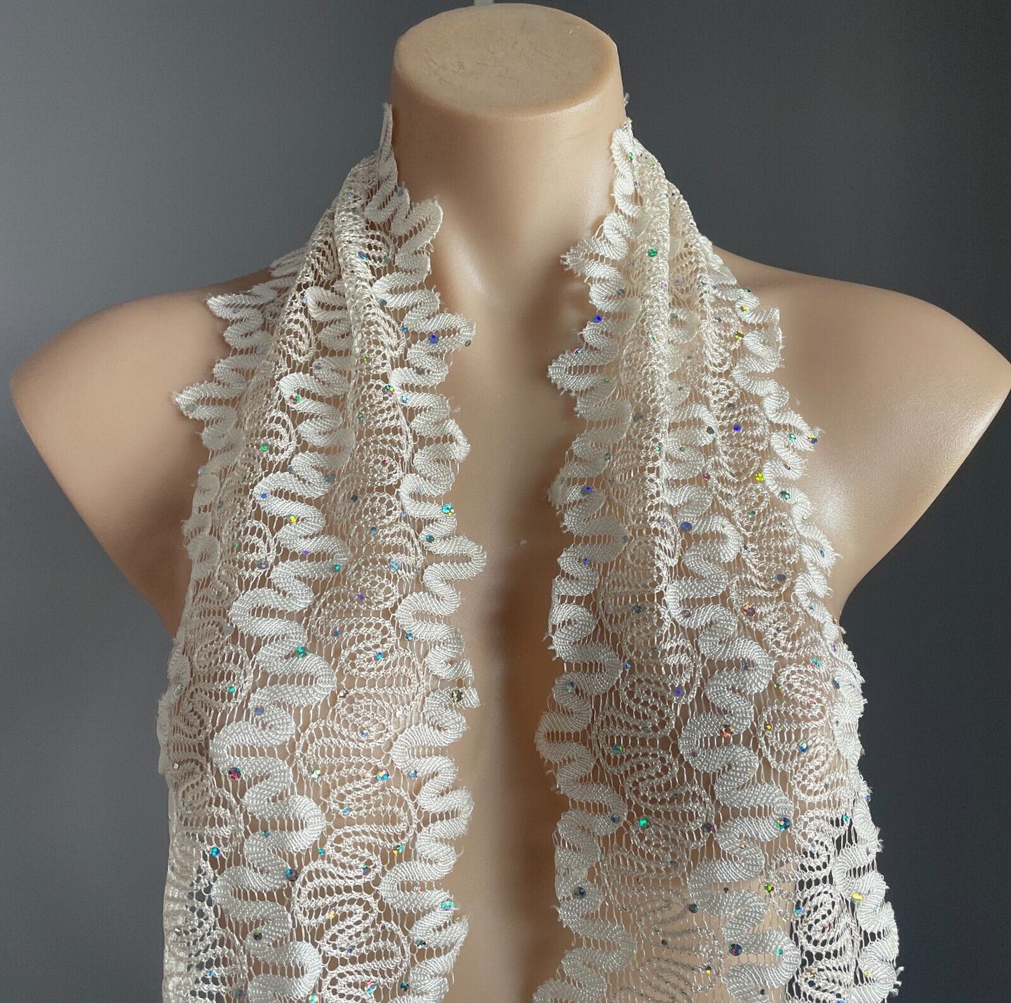 Thin Scarf w Silver Sequin Trim Antique White Lace Scallop Edge Stunning NEW