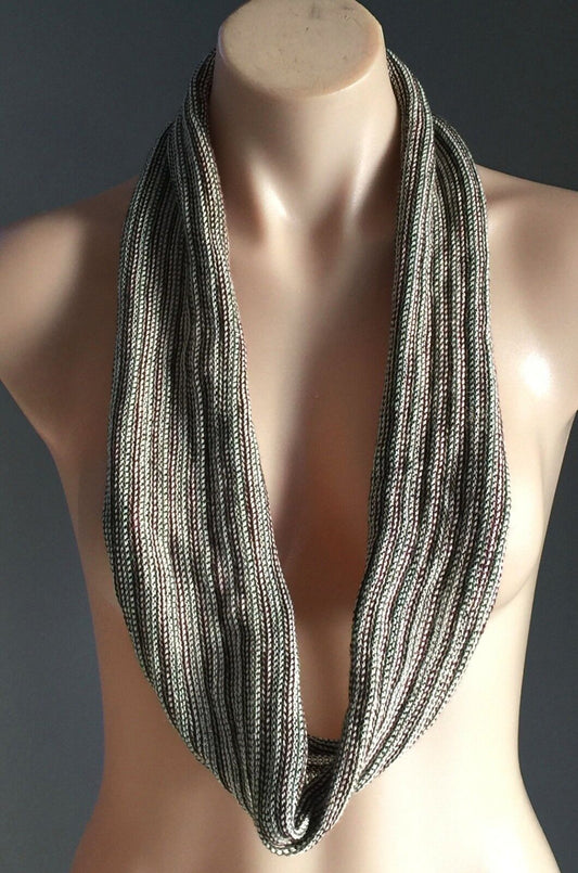 INFINITY SCARF Khaki Maroon & Cream Fine Knit - Beautiful Colours! NEW