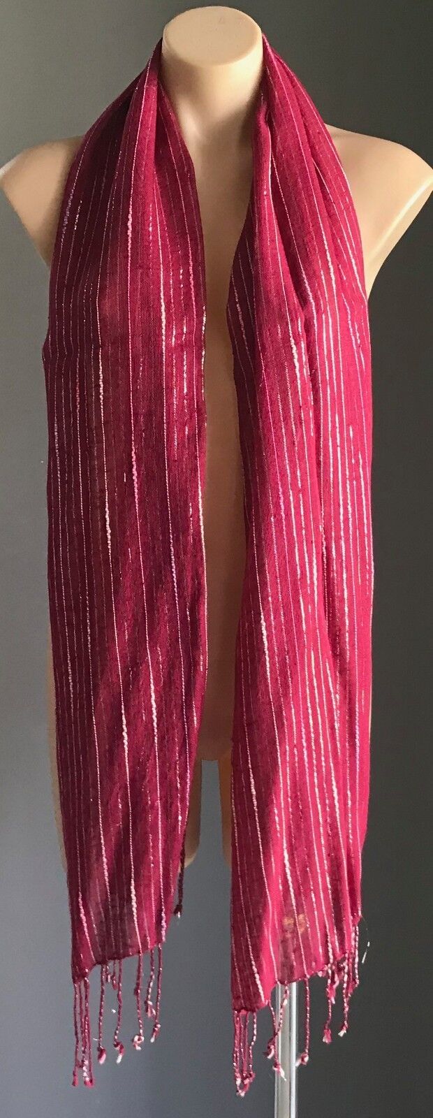 Boho Fringed Burgundy w Silver Thread Ivory & Pink Stripe Shawl with Fringe Trim