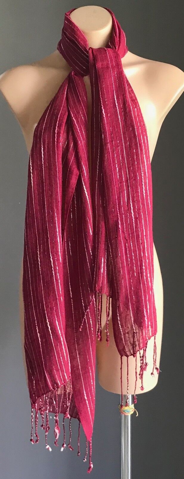 Boho Fringed Burgundy w Silver Thread Ivory & Pink Stripe Shawl with Fringe Trim