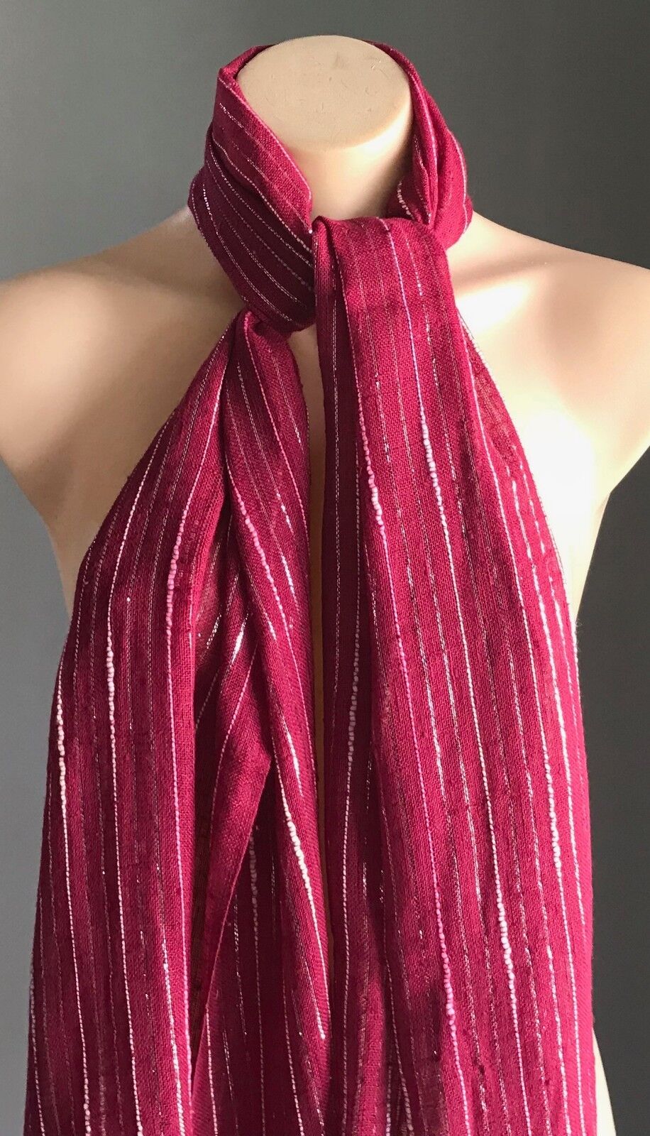 Boho Fringed Burgundy w Silver Thread Ivory & Pink Stripe Shawl with Fringe Trim
