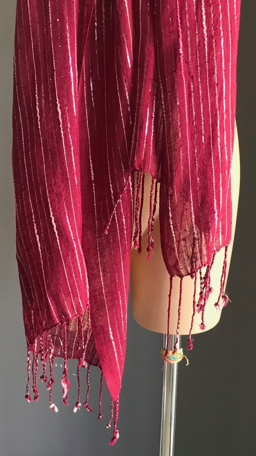 Boho Fringed Burgundy w Silver Thread Ivory & Pink Stripe Shawl with Fringe Trim