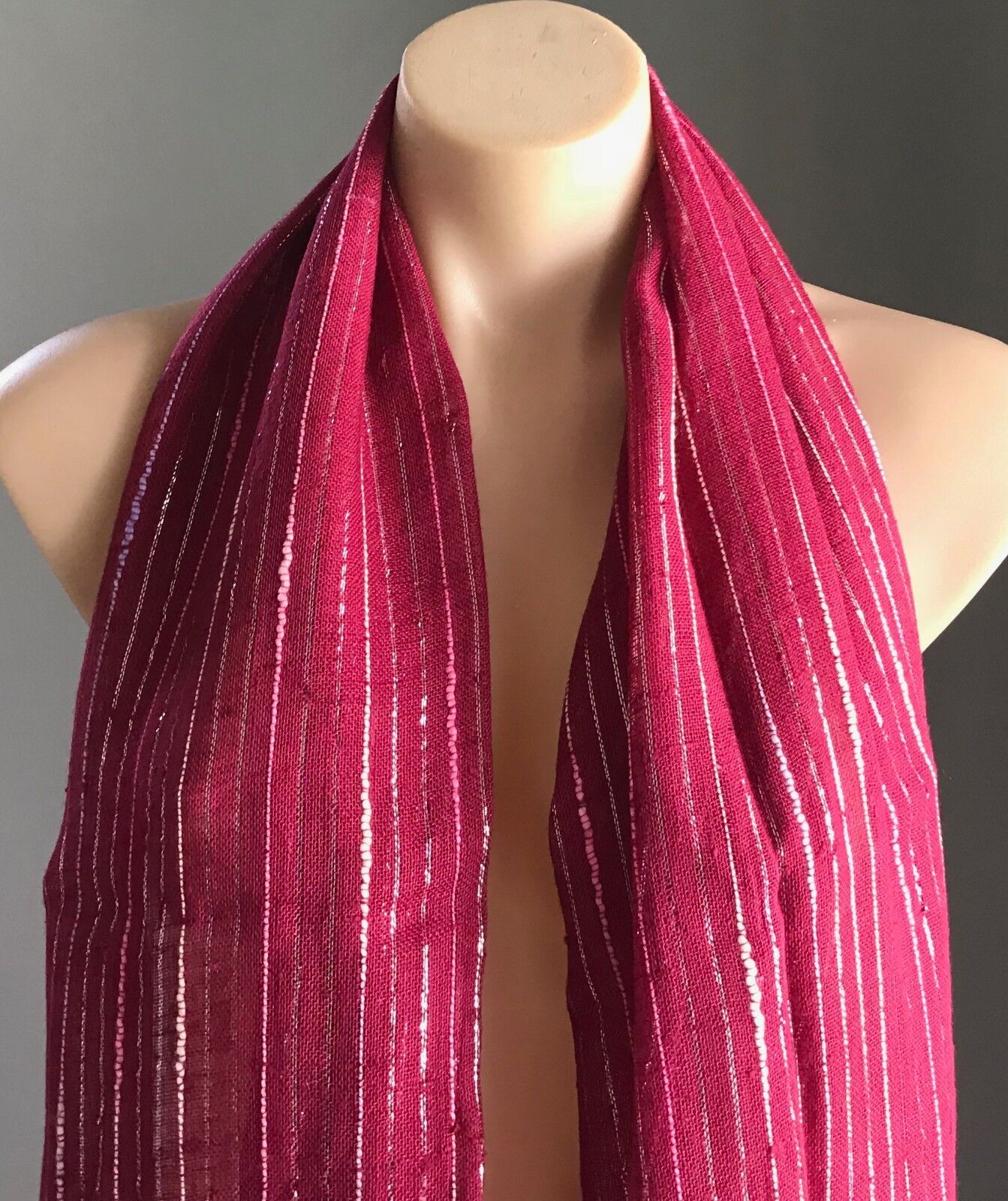 Boho Fringed Burgundy w Silver Thread Ivory & Pink Stripe Shawl with Fringe Trim