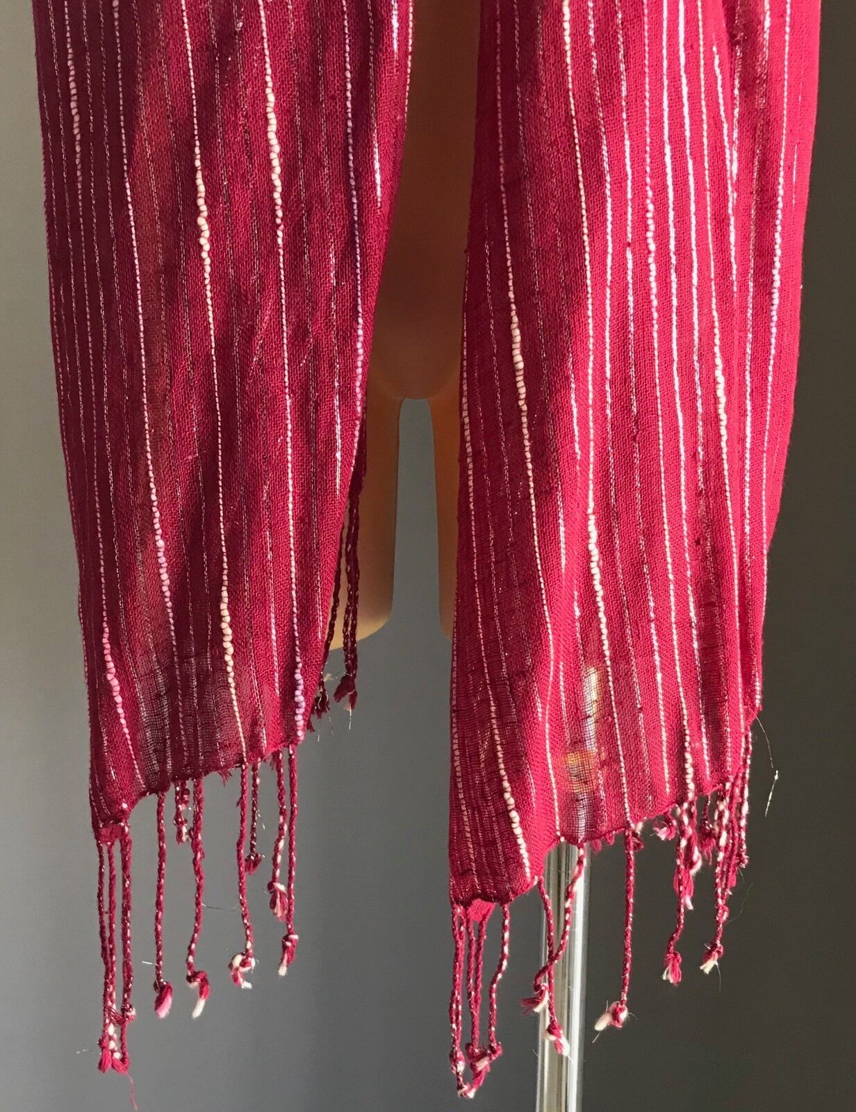 Boho Fringed Burgundy w Silver Thread Ivory & Pink Stripe Shawl with Fringe Trim