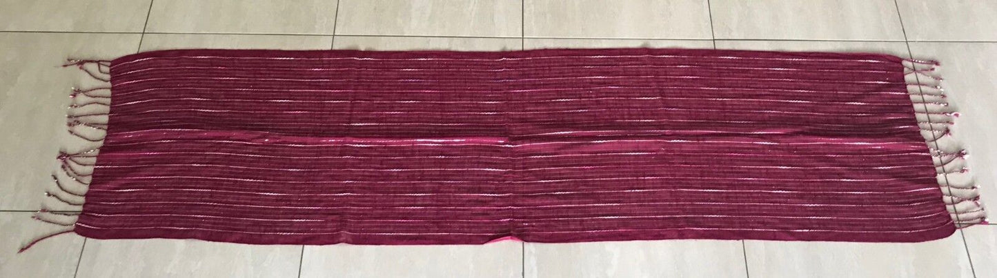 Boho Fringed Burgundy w Silver Thread Ivory & Pink Stripe Shawl with Fringe Trim