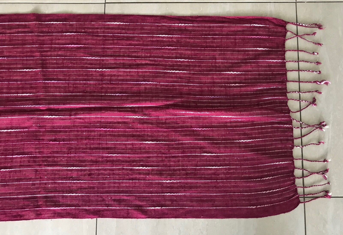 Boho Fringed Burgundy w Silver Thread Ivory & Pink Stripe Shawl with Fringe Trim
