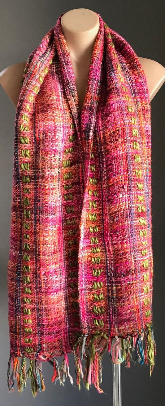 ISHKA Neck Scarf Pink Green Blue & Orange Chunky Looks Woven w Fringe Trim
