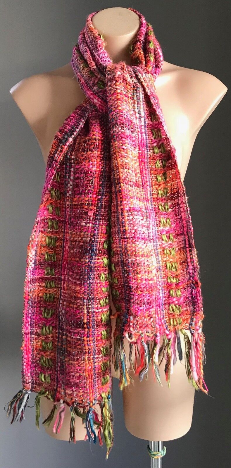 ISHKA Neck Scarf Pink Green Blue & Orange Chunky Looks Woven w Fringe Trim