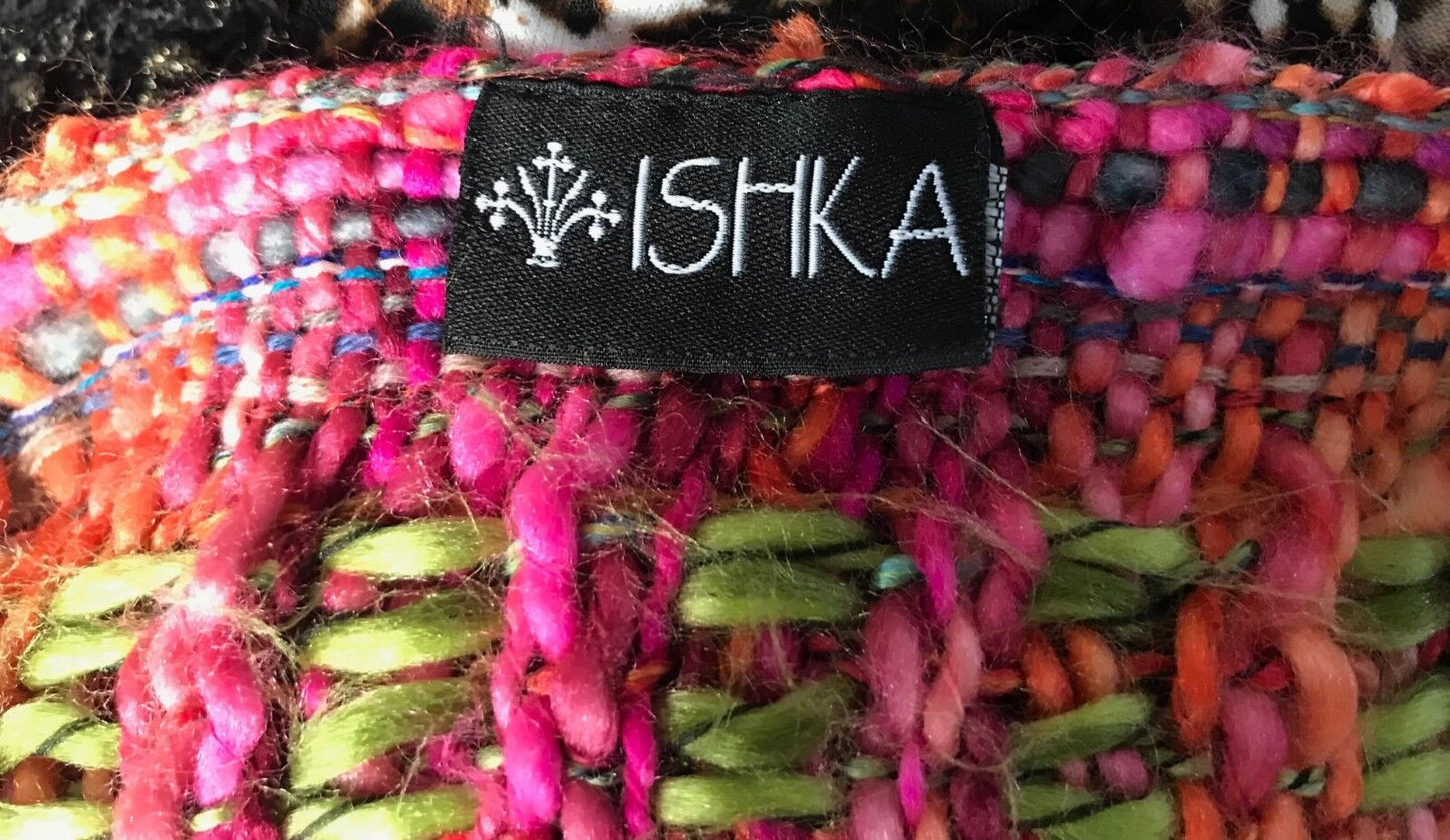 ISHKA Neck Scarf Pink Green Blue & Orange Chunky Looks Woven w Fringe Trim