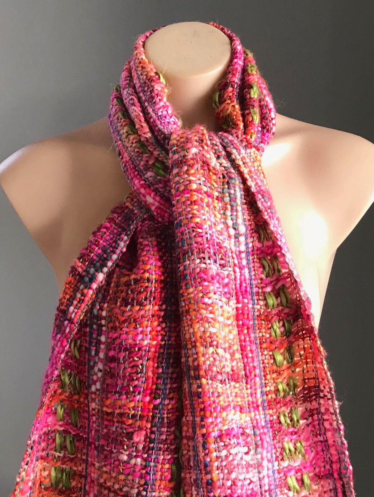 ISHKA Neck Scarf Pink Green Blue & Orange Chunky Looks Woven w Fringe Trim