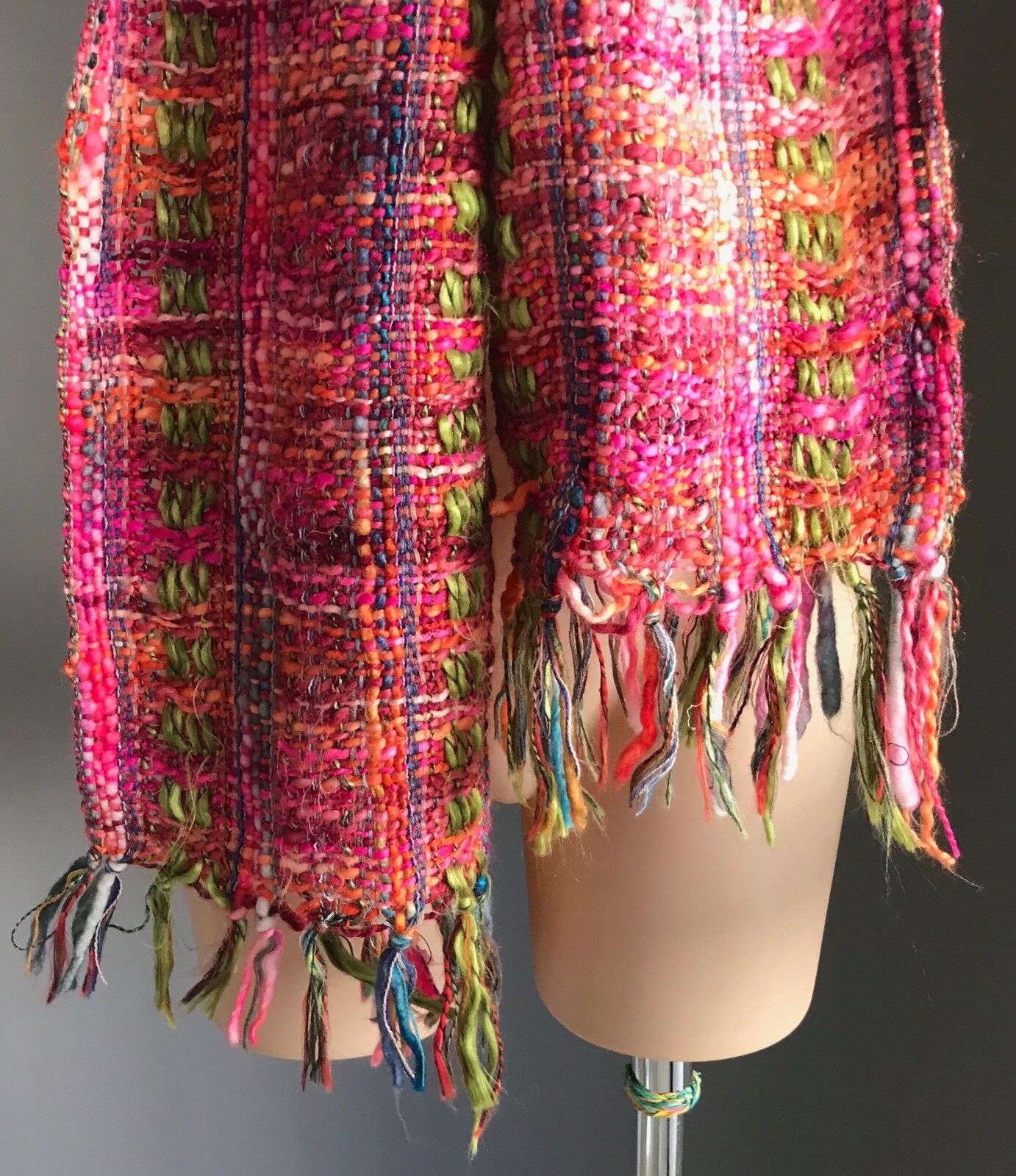ISHKA Neck Scarf Pink Green Blue & Orange Chunky Looks Woven w Fringe Trim