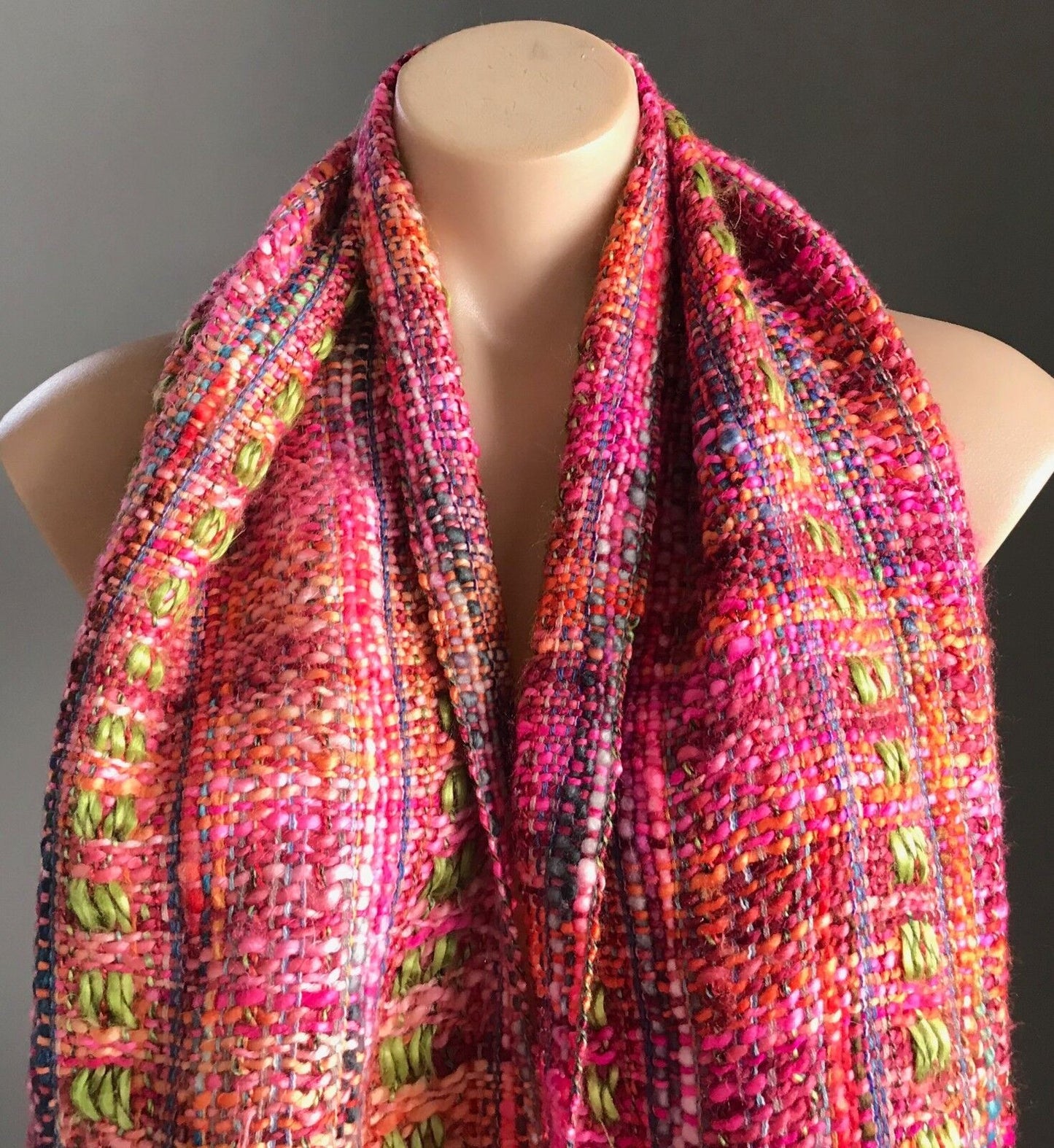 ISHKA Neck Scarf Pink Green Blue & Orange Chunky Looks Woven w Fringe Trim