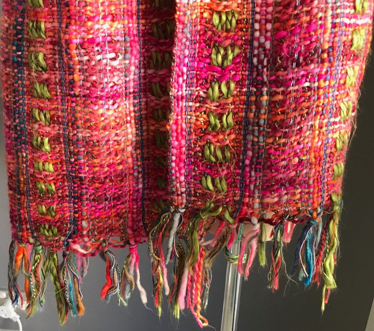 ISHKA Neck Scarf Pink Green Blue & Orange Chunky Looks Woven w Fringe Trim