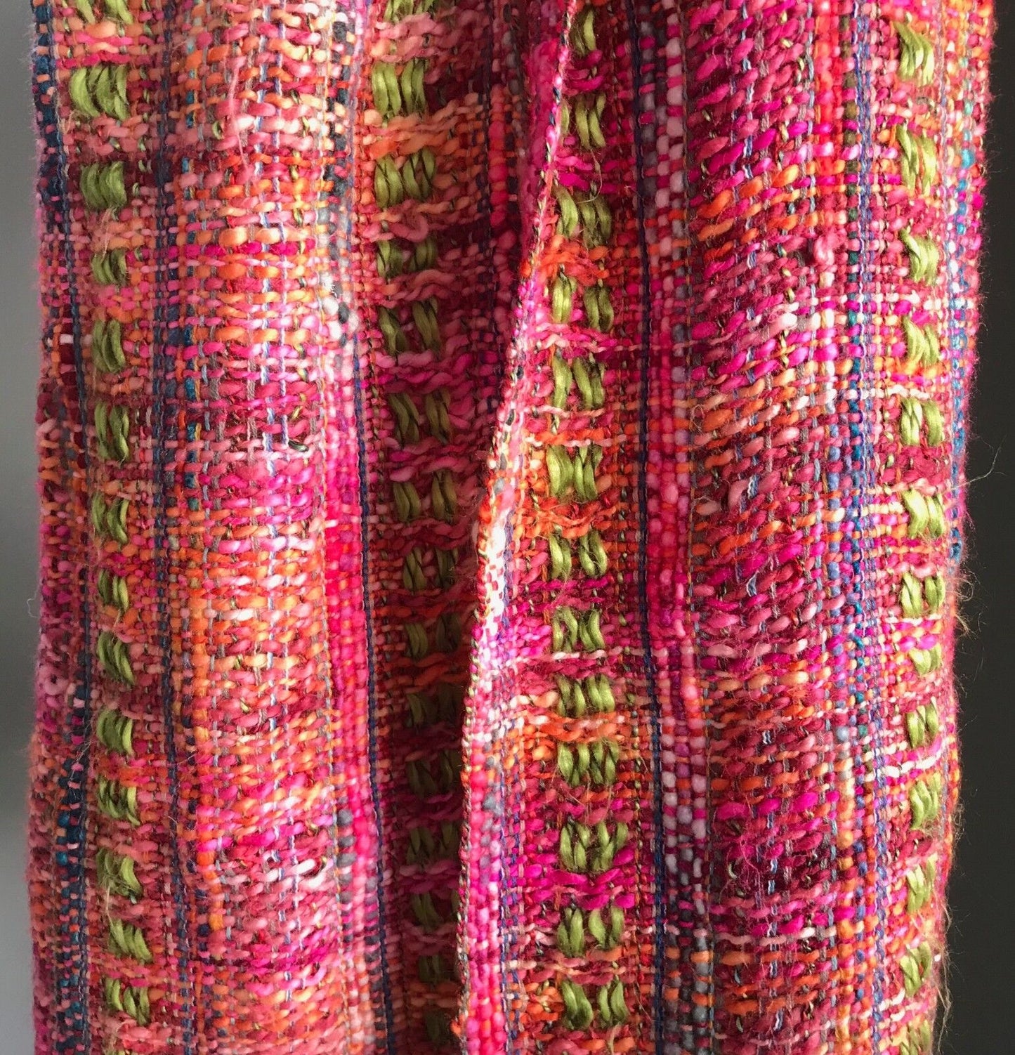 ISHKA Neck Scarf Pink Green Blue & Orange Chunky Looks Woven w Fringe Trim