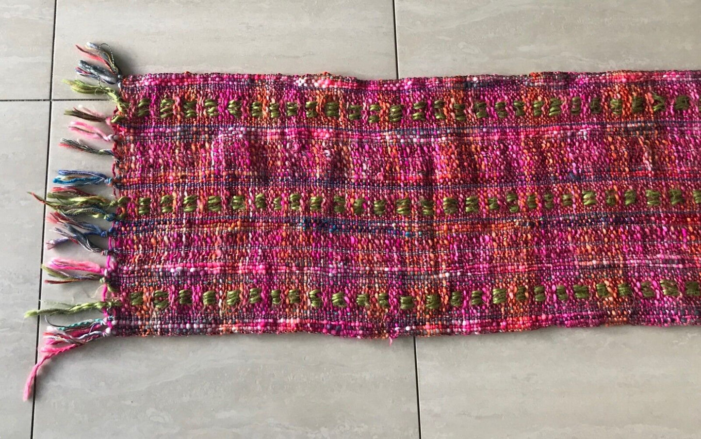 ISHKA Neck Scarf Pink Green Blue & Orange Chunky Looks Woven w Fringe Trim