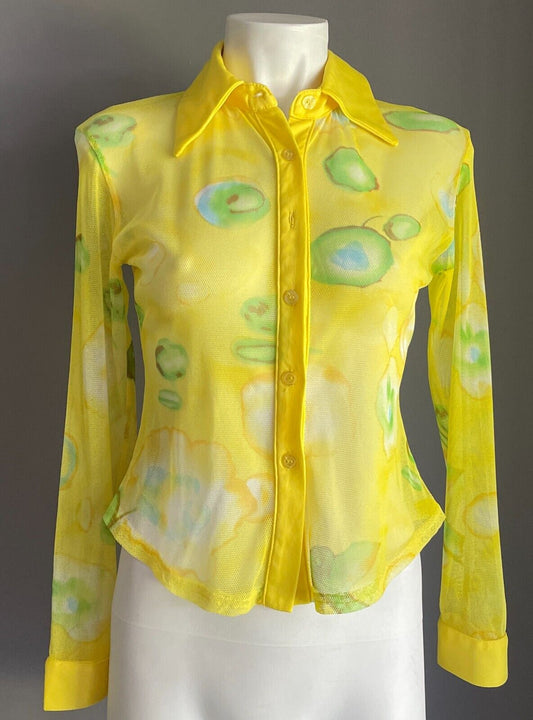 Yellow Mesh Net Shirt Blouse Blue Green Brown Tie Dye Button Front Size 8 NEW