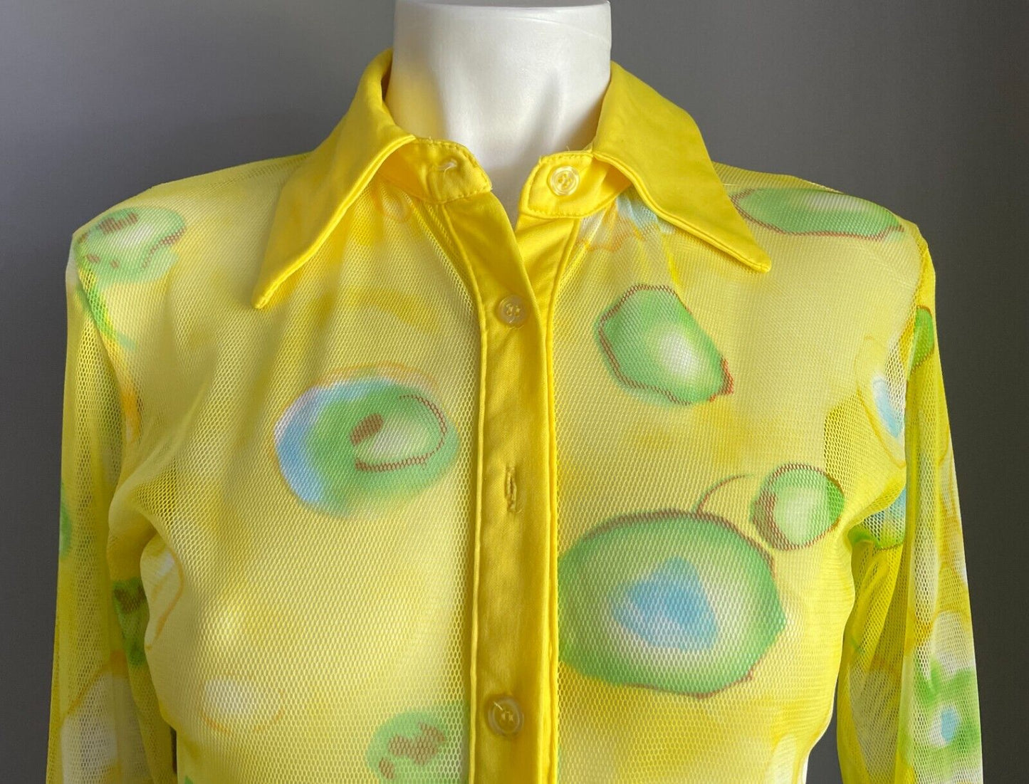 Yellow Mesh Net Shirt Blouse Blue Green Brown Tie Dye Button Front Size 8 NEW
