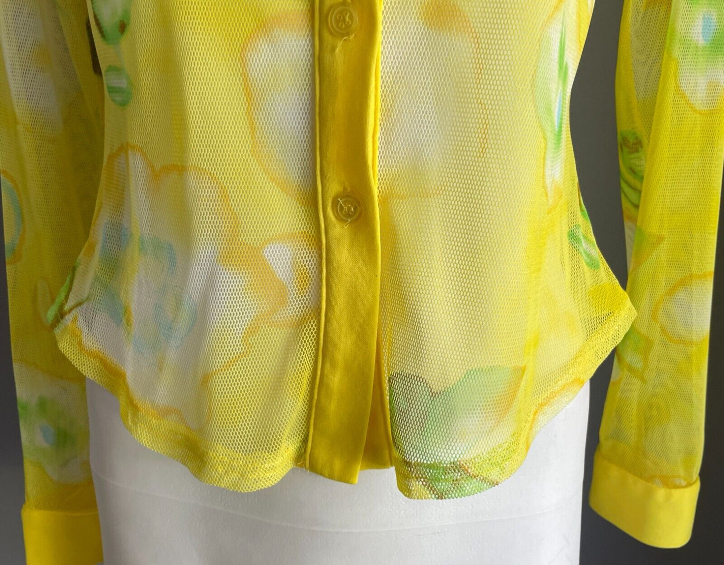 Yellow Mesh Net Shirt Blouse Blue Green Brown Tie Dye Button Front Size 8 NEW