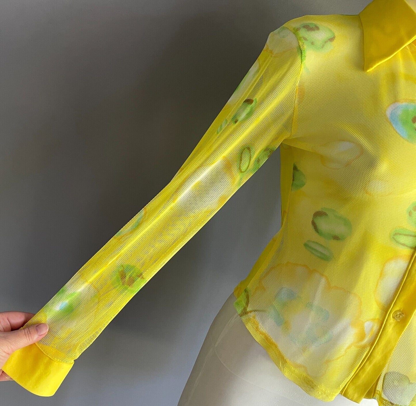 Yellow Mesh Net Shirt Blouse Blue Green Brown Tie Dye Button Front Size 8 NEW
