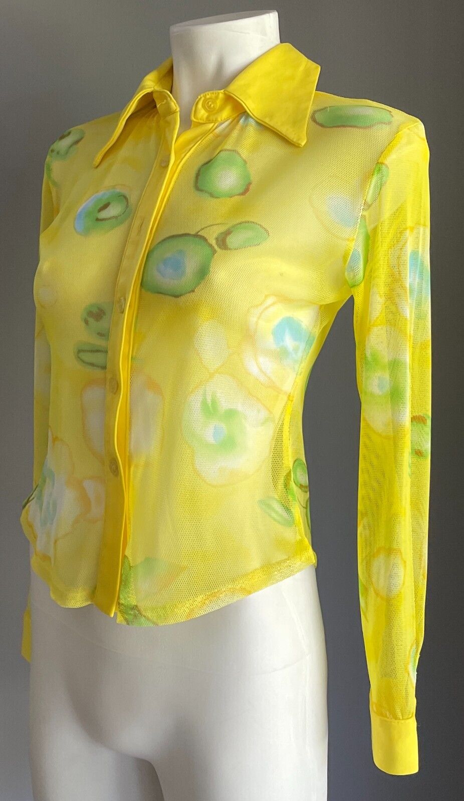 Yellow Mesh Net Shirt Blouse Blue Green Brown Tie Dye Button Front Size 8 NEW