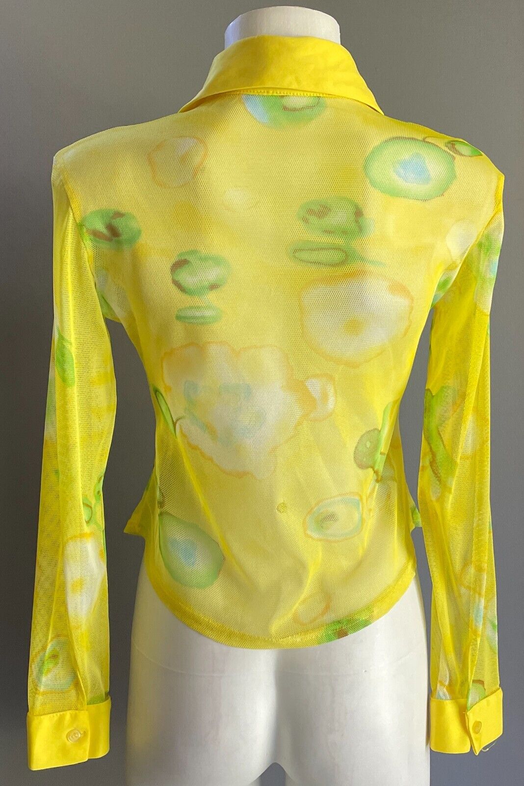 Yellow Mesh Net Shirt Blouse Blue Green Brown Tie Dye Button Front Size 8 NEW