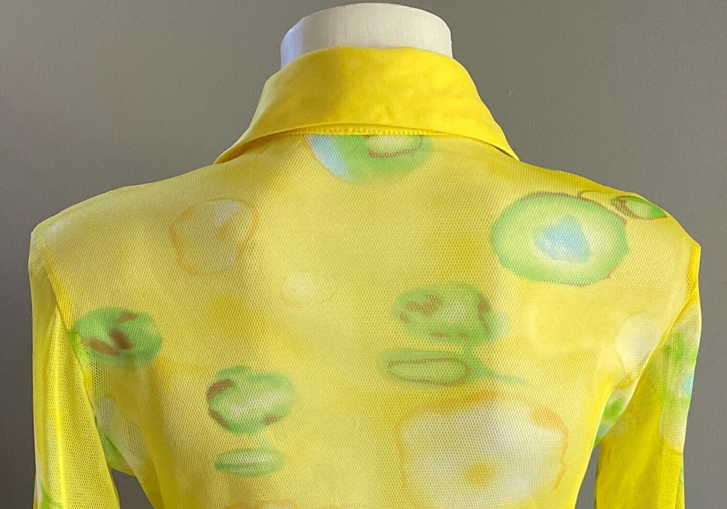 Yellow Mesh Net Shirt Blouse Blue Green Brown Tie Dye Button Front Size 8 NEW