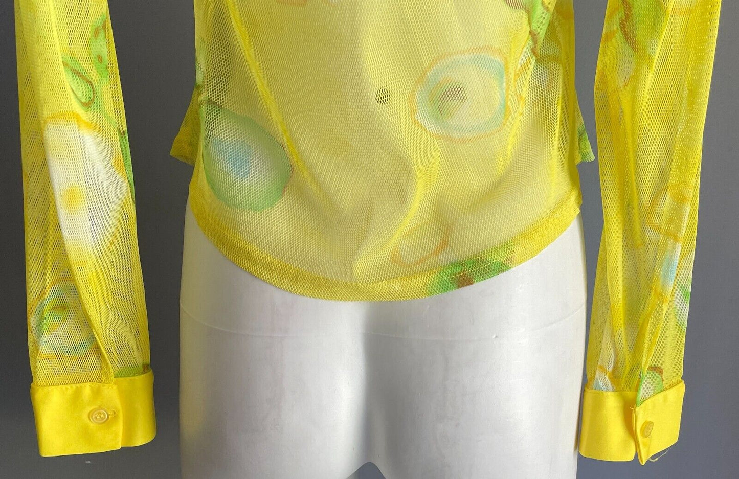 Yellow Mesh Net Shirt Blouse Blue Green Brown Tie Dye Button Front Size 8 NEW