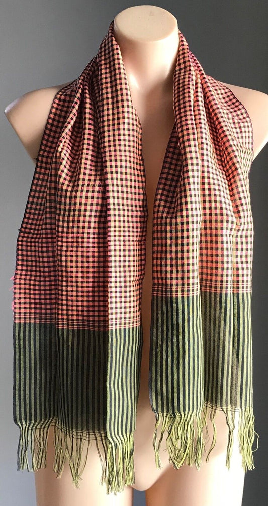 Fringed SCARF Cotton Neck Wrap Salmon Yellow Black Purple Plaid Stripe Print NEW