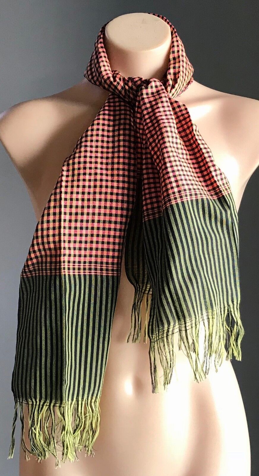 Fringed SCARF Cotton Neck Wrap Salmon Yellow Black Purple Plaid Stripe Print NEW