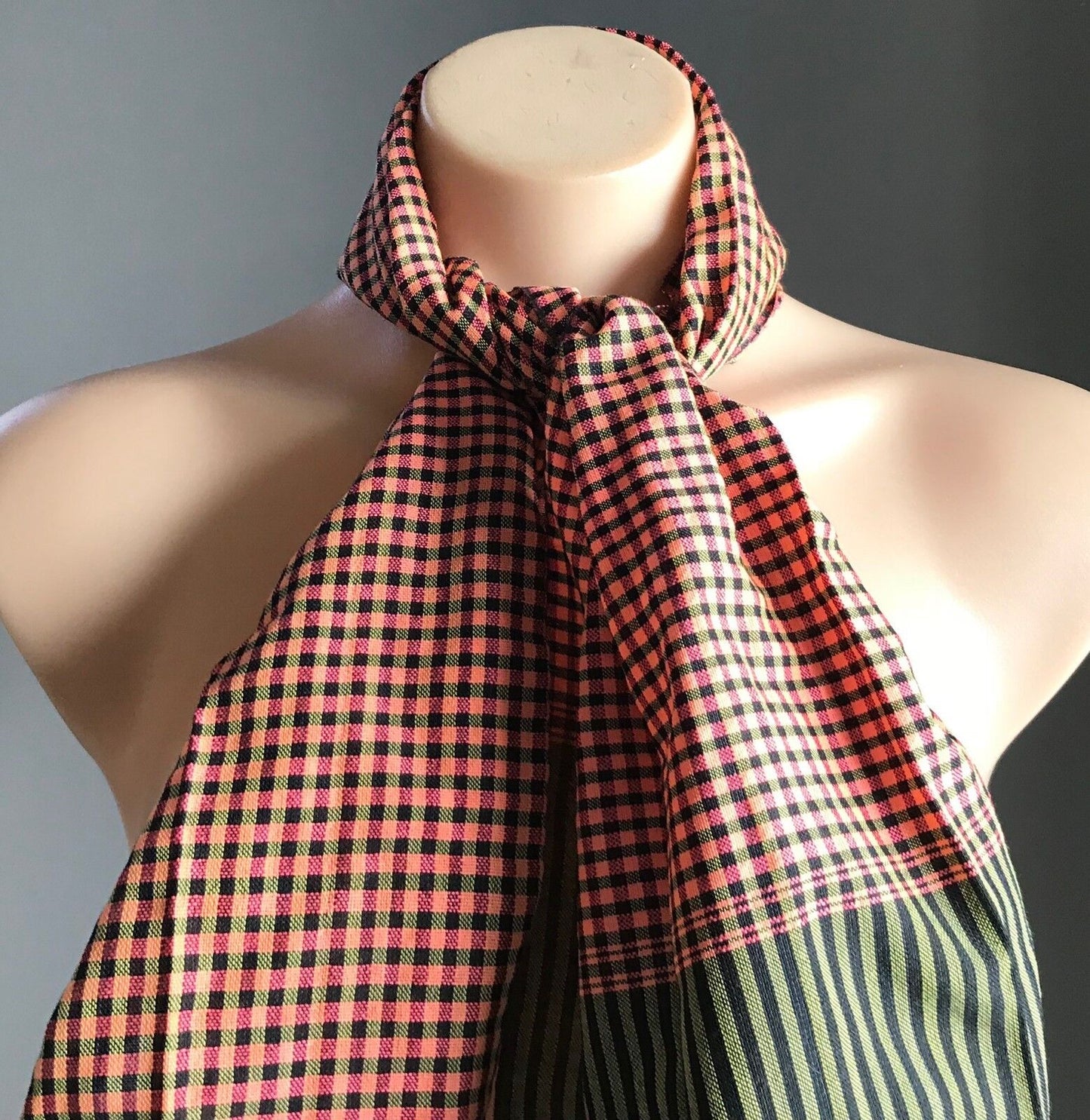 Fringed SCARF Cotton Neck Wrap Salmon Yellow Black Purple Plaid Stripe Print NEW