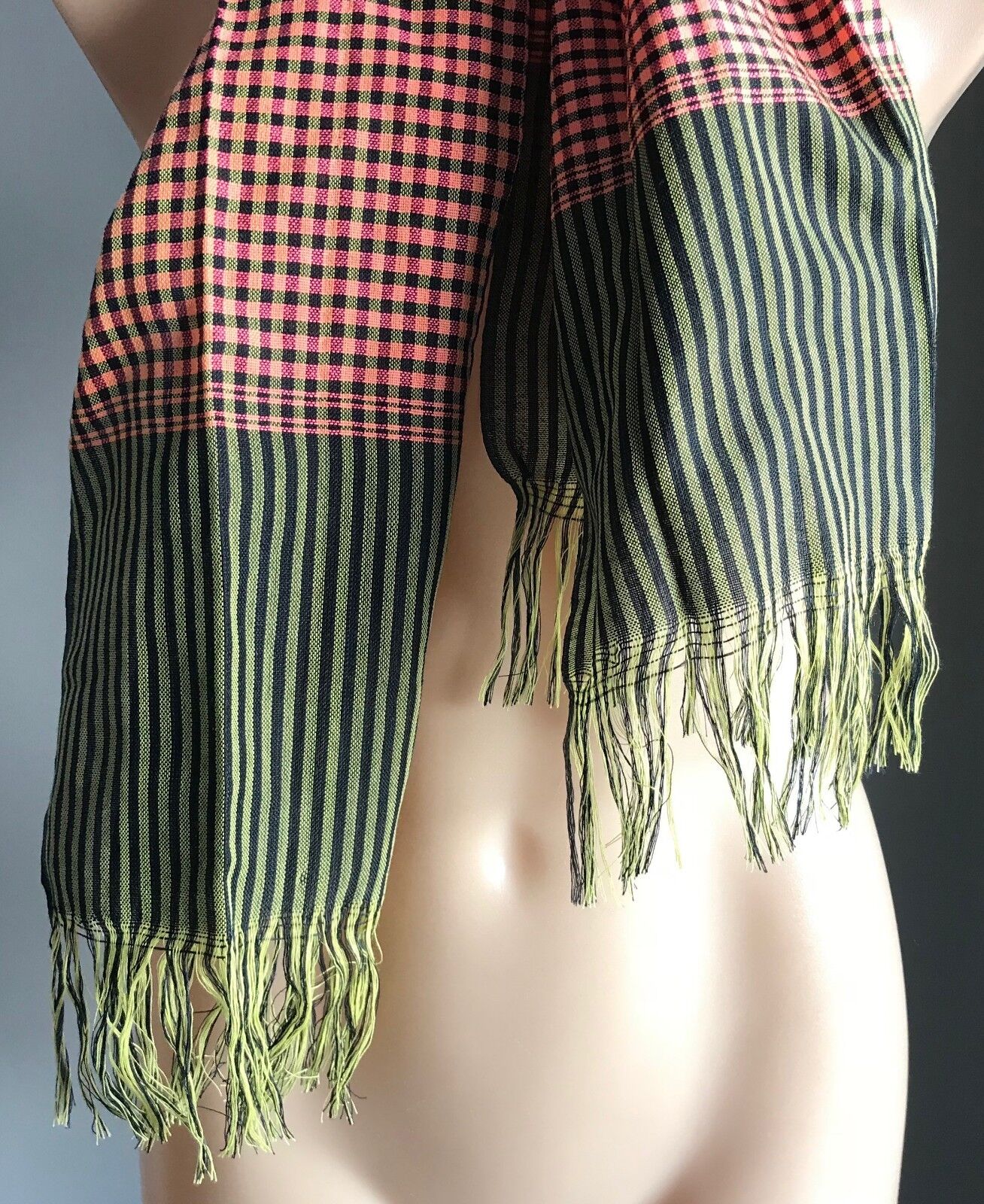 Fringed SCARF Cotton Neck Wrap Salmon Yellow Black Purple Plaid Stripe Print NEW