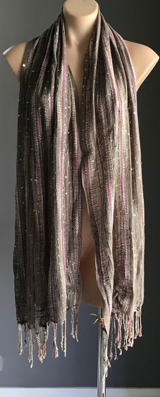 Fringed Neck SCARF Wrap Stripe Shawl w Sequins Taupe Silver Ivory Pink Rectangle
