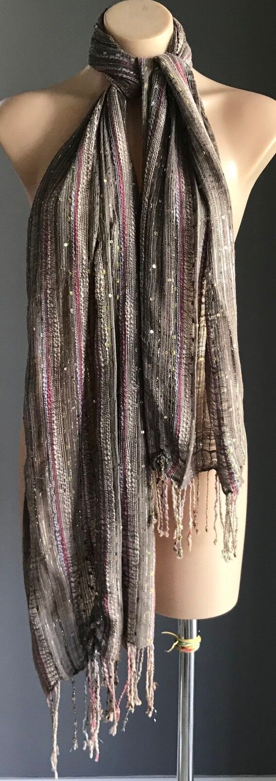 Fringed Neck SCARF Wrap Stripe Shawl w Sequins Taupe Silver Ivory Pink Rectangle