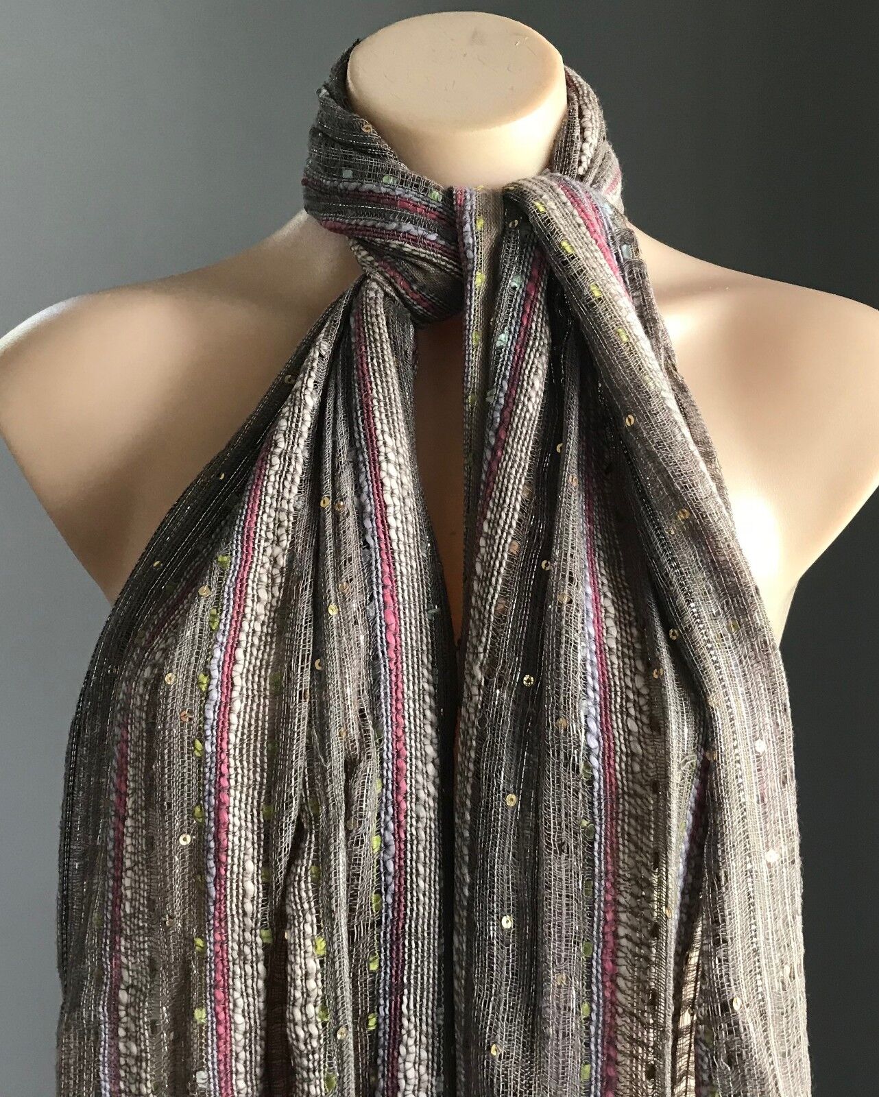 Fringed Neck SCARF Wrap Stripe Shawl w Sequins Taupe Silver Ivory Pink Rectangle