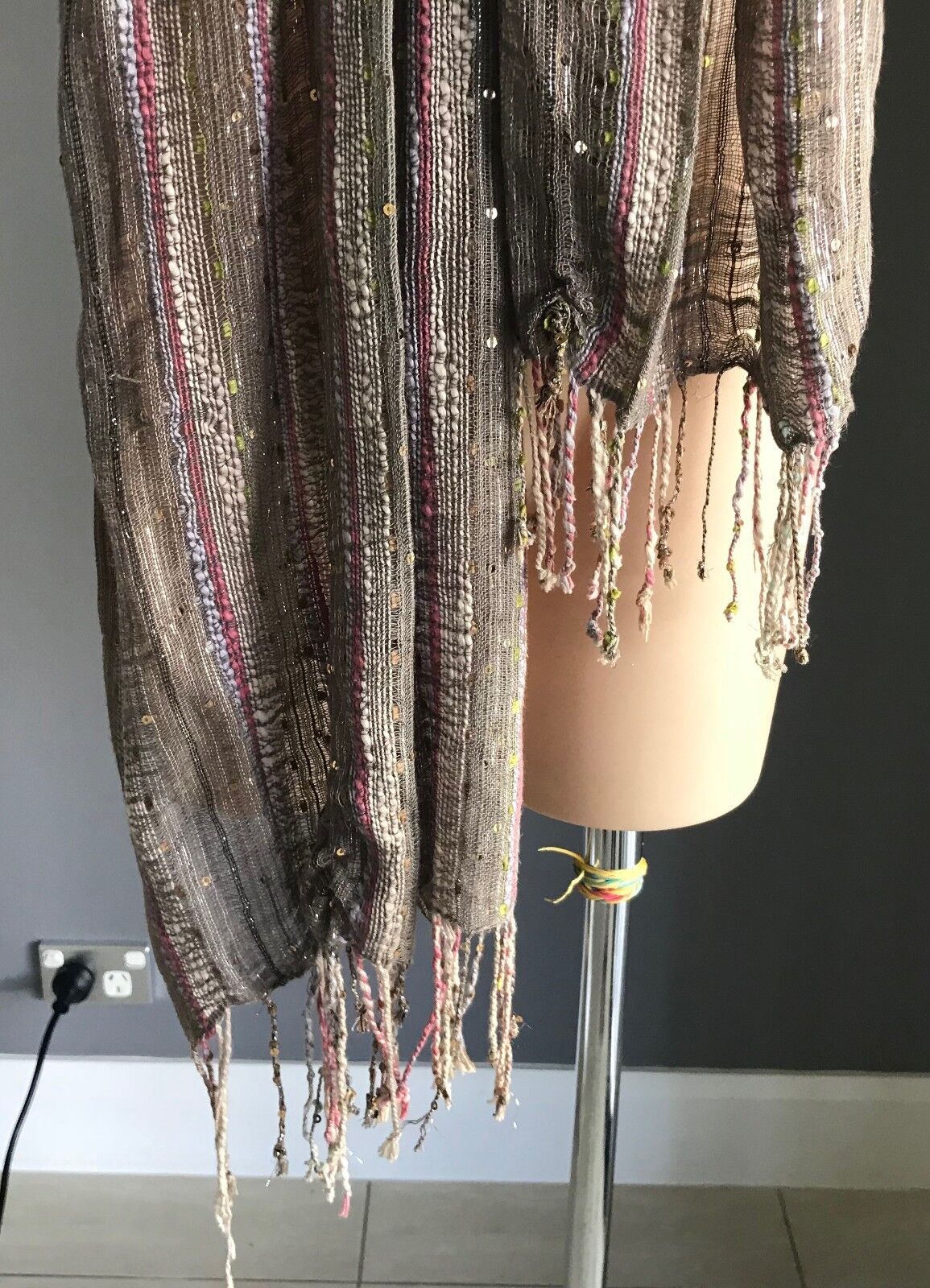 Fringed Neck SCARF Wrap Stripe Shawl w Sequins Taupe Silver Ivory Pink Rectangle