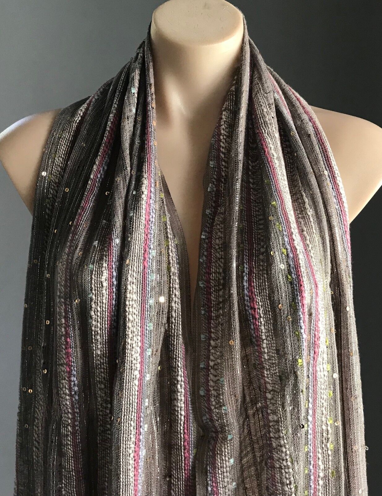 Fringed Neck SCARF Wrap Stripe Shawl w Sequins Taupe Silver Ivory Pink Rectangle